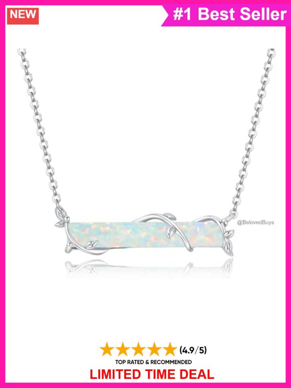 14K White Gold Plated Opal Bar Pendant Necklace Adjustable Chain Gift